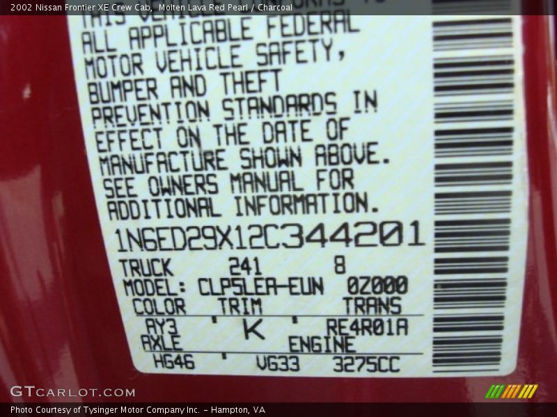 Molten Lava Red Pearl / Charcoal 2002 Nissan Frontier XE Crew Cab