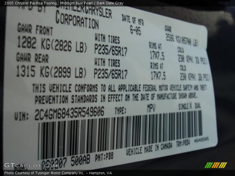 Midnight Blue Pearl / Dark Slate Gray 2005 Chrysler Pacifica Touring