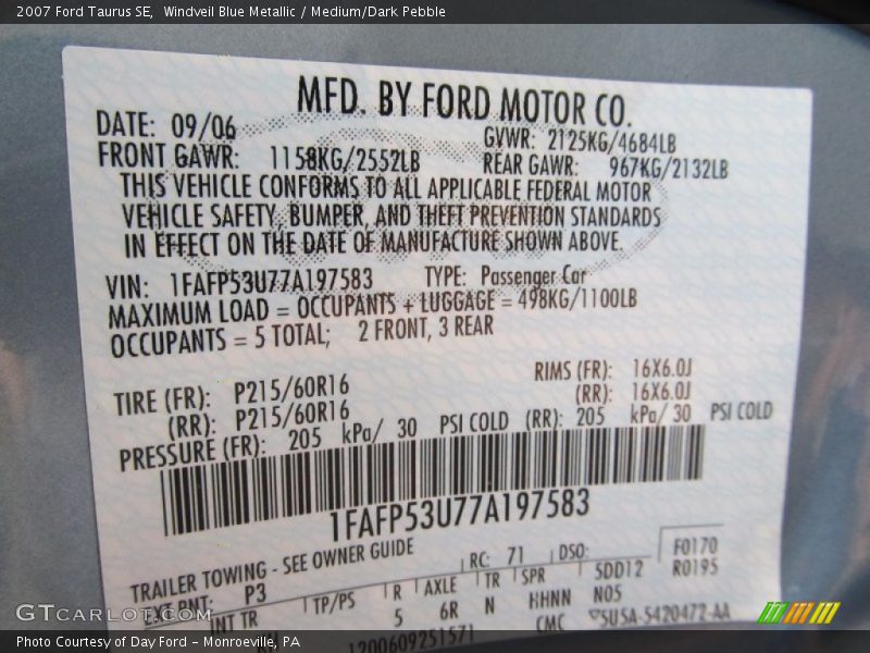 Windveil Blue Metallic / Medium/Dark Pebble 2007 Ford Taurus SE