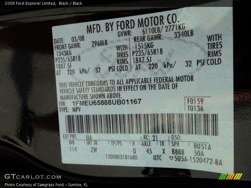 2008 Explorer Limited Black Color Code UA