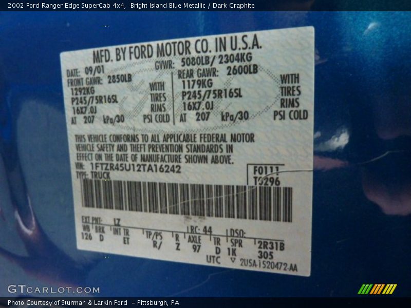 2002 Ranger Edge SuperCab 4x4 Bright Island Blue Metallic Color Code LZ