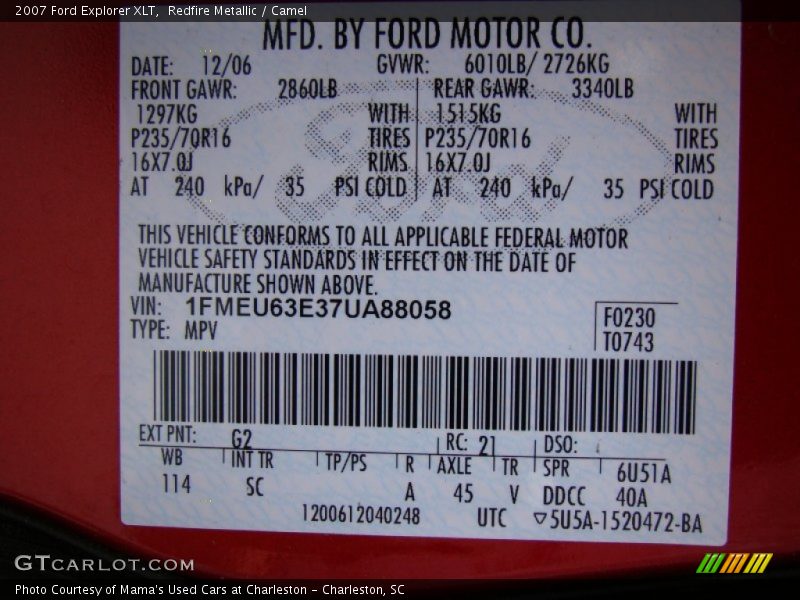 Redfire Metallic / Camel 2007 Ford Explorer XLT