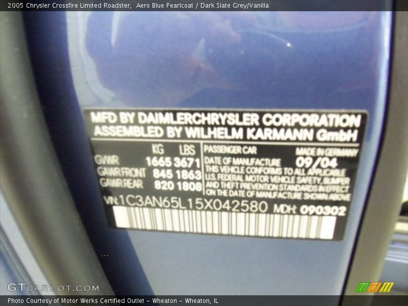 Info Tag of 2005 Crossfire Limited Roadster