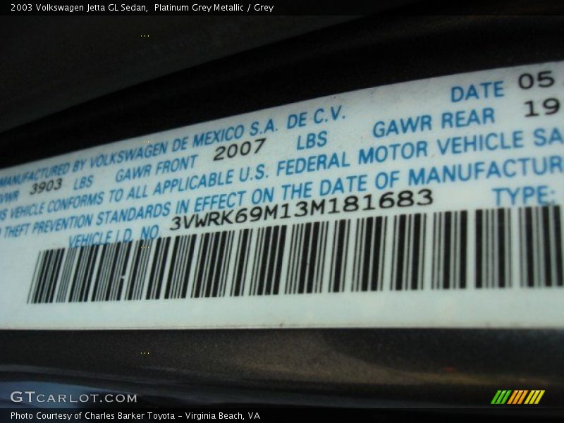 Platinum Grey Metallic / Grey 2003 Volkswagen Jetta GL Sedan