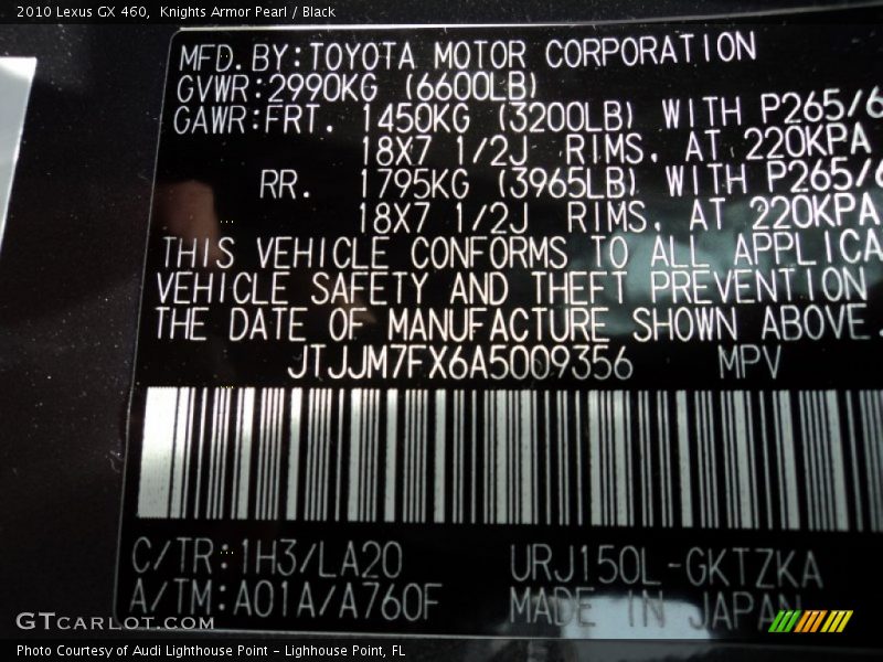 2010 GX 460 Knights Armor Pearl Color Code 1H3