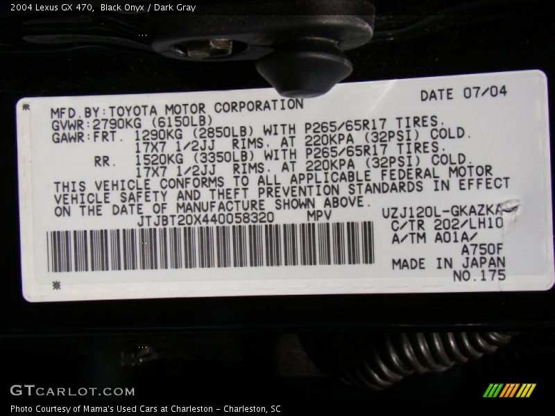 Black Onyx / Dark Gray 2004 Lexus GX 470