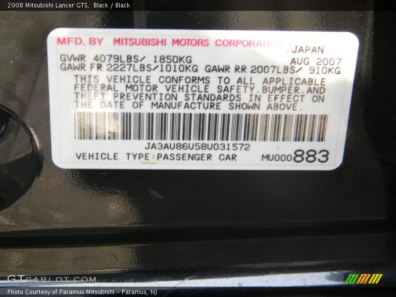 Black / Black 2008 Mitsubishi Lancer GTS