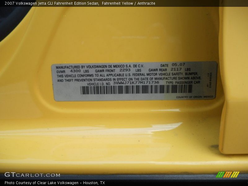 Info Tag of 2007 Jetta GLI Fahrenheit Edition Sedan