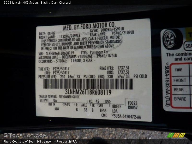 Black / Dark Charcoal 2008 Lincoln MKZ Sedan