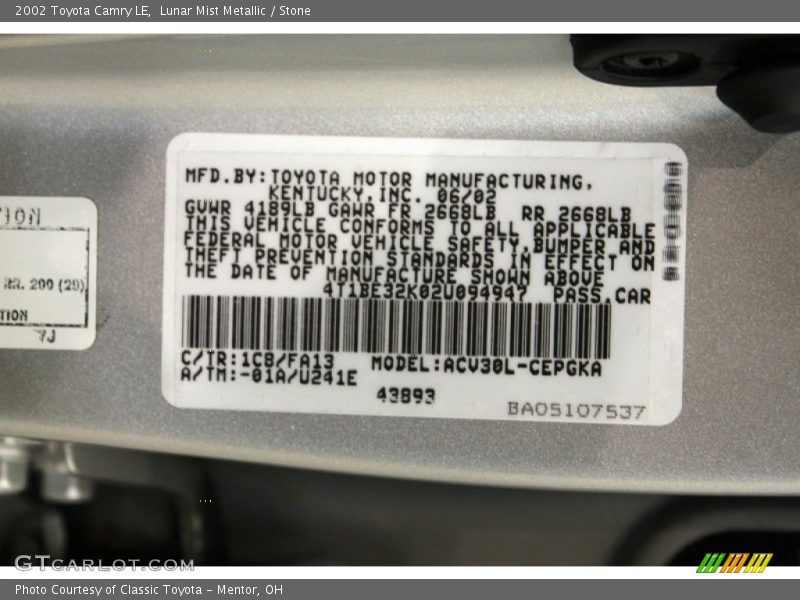 Lunar Mist Metallic / Stone 2002 Toyota Camry LE