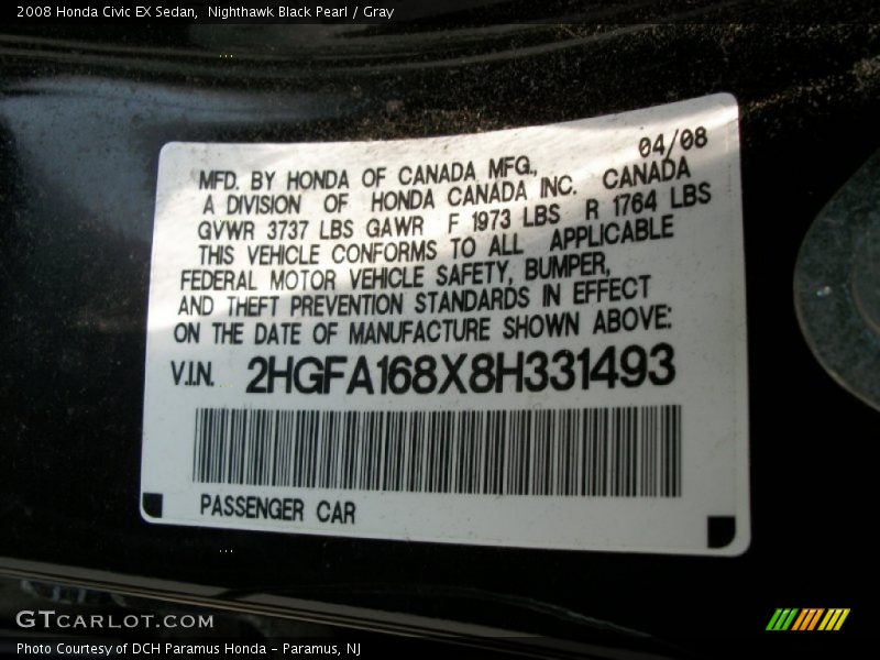Nighthawk Black Pearl / Gray 2008 Honda Civic EX Sedan