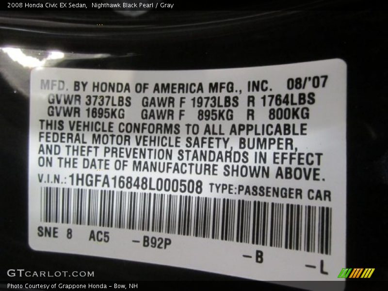 Nighthawk Black Pearl / Gray 2008 Honda Civic EX Sedan