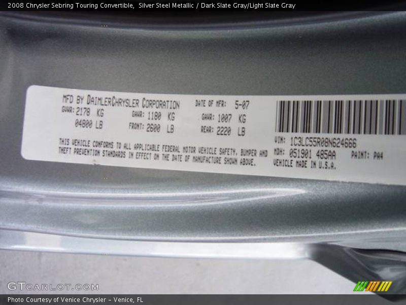 Silver Steel Metallic / Dark Slate Gray/Light Slate Gray 2008 Chrysler Sebring Touring Convertible