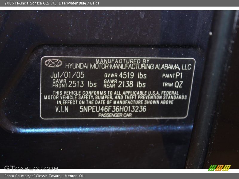 Deepwater Blue / Beige 2006 Hyundai Sonata GLS V6