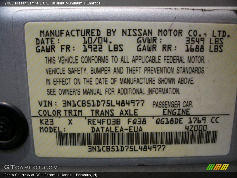 Brilliant Aluminum / Charcoal 2005 Nissan Sentra 1.8 S