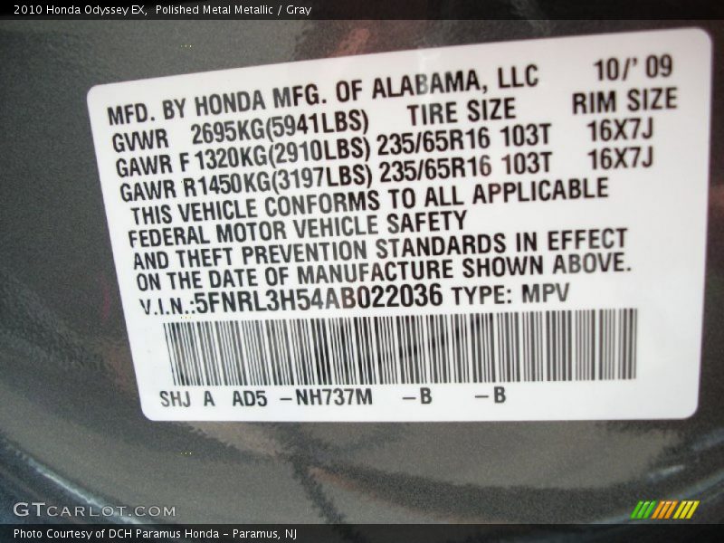 2010 Odyssey EX Polished Metal Metallic Color Code NH737M
