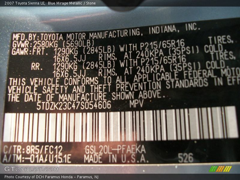 Blue Mirage Metallic / Stone 2007 Toyota Sienna LE