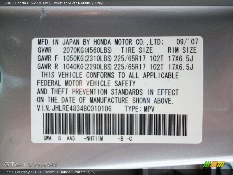 Whistler Silver Metallic / Gray 2008 Honda CR-V LX 4WD