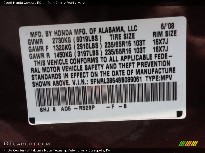 Dark Cherry Pearl / Ivory 2008 Honda Odyssey EX-L