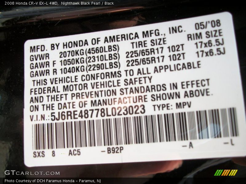 Nighthawk Black Pearl / Black 2008 Honda CR-V EX-L 4WD