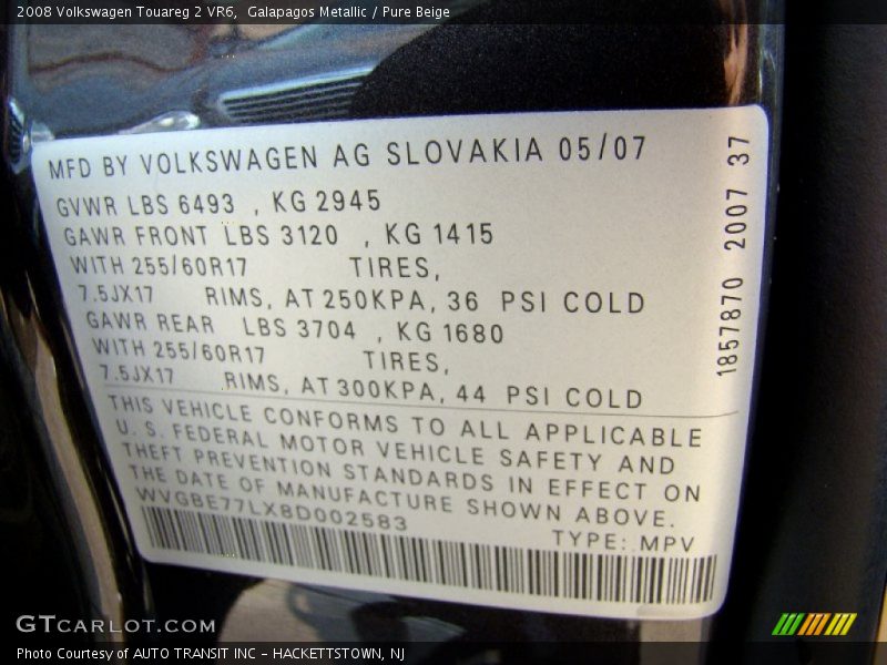 Info Tag of 2008 Touareg 2 VR6