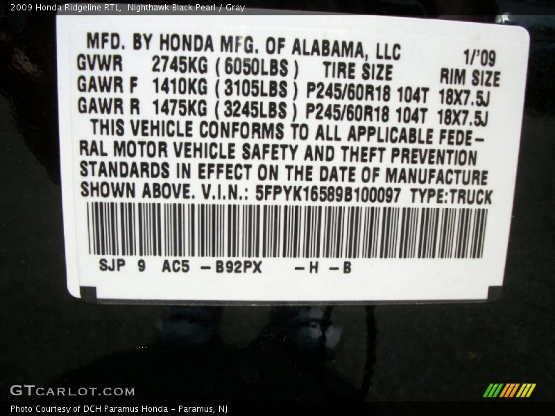 2009 Ridgeline RTL Nighthawk Black Pearl Color Code B92PX