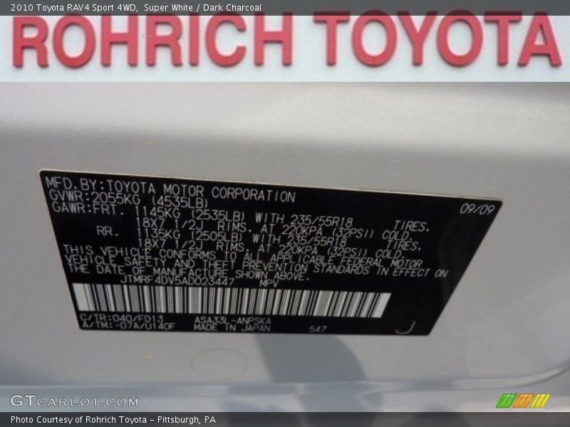 Super White / Dark Charcoal 2010 Toyota RAV4 Sport 4WD