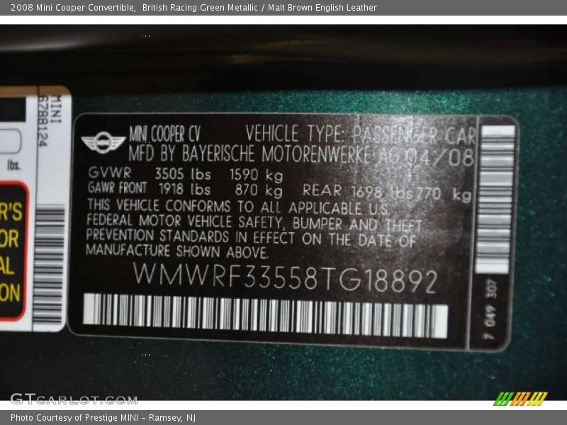 British Racing Green Metallic / Malt Brown English Leather 2008 Mini Cooper Convertible