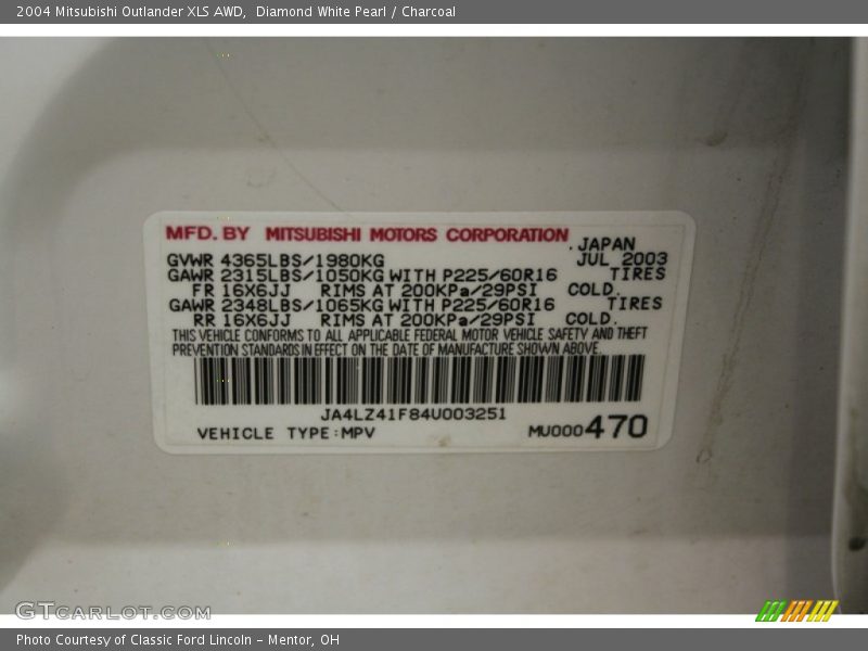 Info Tag of 2004 Outlander XLS AWD