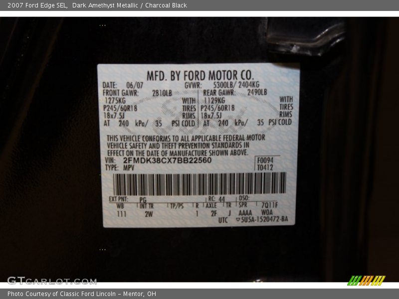 Dark Amethyst Metallic / Charcoal Black 2007 Ford Edge SEL