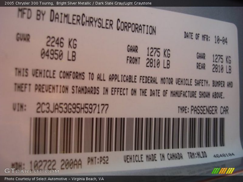 Bright Silver Metallic / Dark Slate Gray/Light Graystone 2005 Chrysler 300 Touring