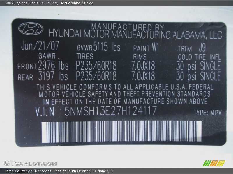 Arctic White / Beige 2007 Hyundai Santa Fe Limited