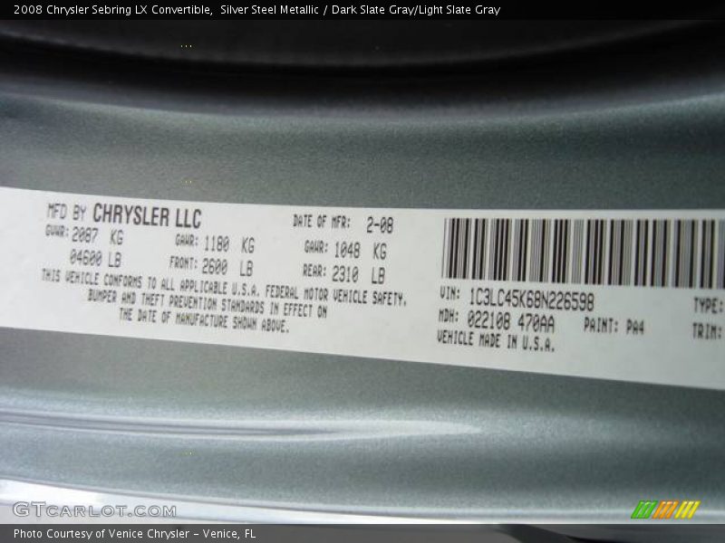Silver Steel Metallic / Dark Slate Gray/Light Slate Gray 2008 Chrysler Sebring LX Convertible