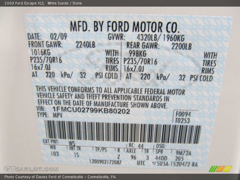 2009 Escape XLS White Suede Color Code WS