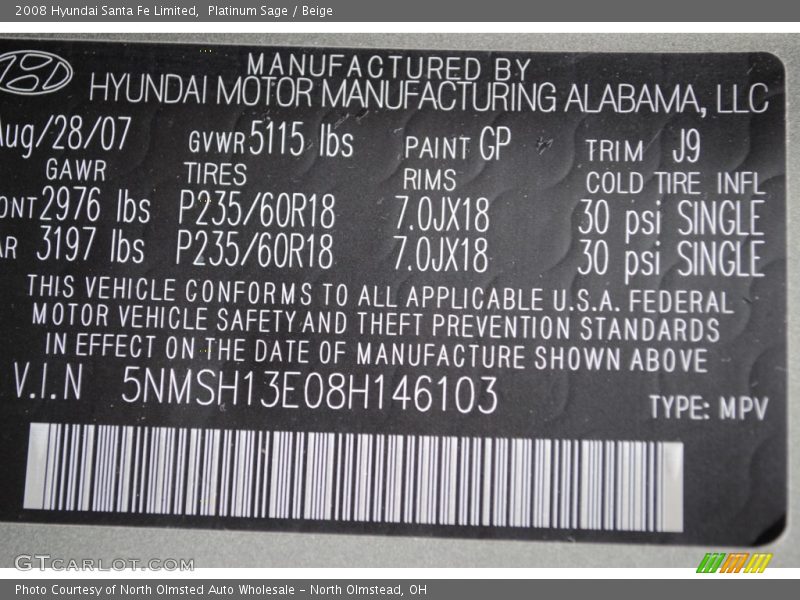 Platinum Sage / Beige 2008 Hyundai Santa Fe Limited