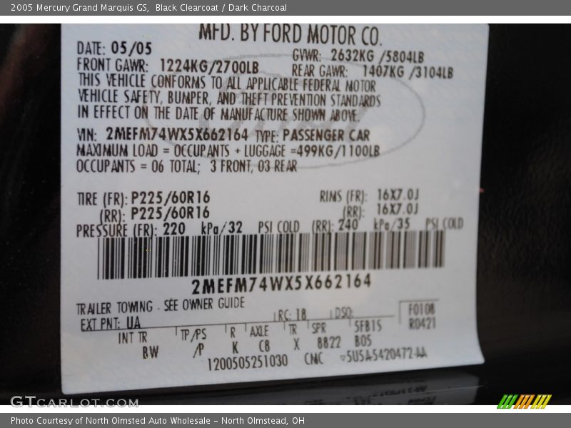 Black Clearcoat / Dark Charcoal 2005 Mercury Grand Marquis GS