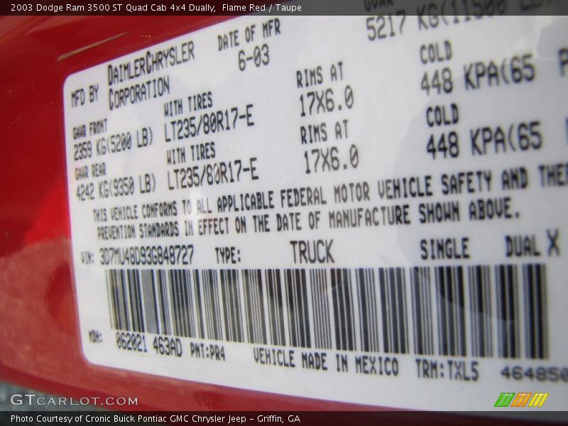 2003 Ram 3500 ST Quad Cab 4x4 Dually Flame Red Color Code PR4
