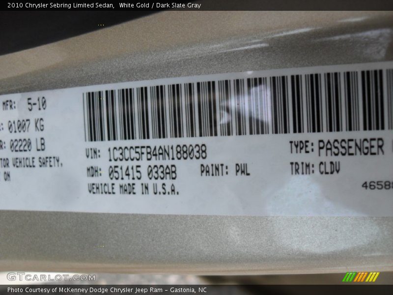 White Gold / Dark Slate Gray 2010 Chrysler Sebring Limited Sedan