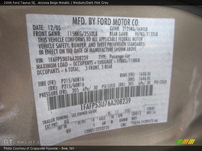 Arizona Beige Metallic / Medium/Dark Flint Grey 2006 Ford Taurus SE