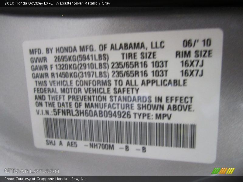 Alabaster Silver Metallic / Gray 2010 Honda Odyssey EX-L