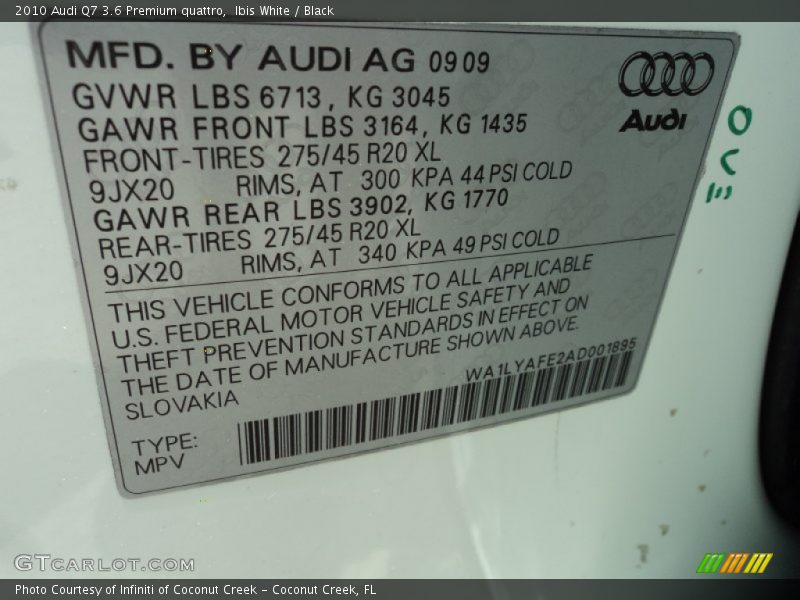 Info Tag of 2010 Q7 3.6 Premium quattro