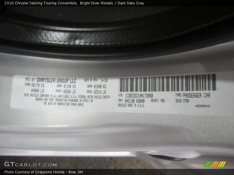 Bright Silver Metallic / Dark Slate Gray 2010 Chrysler Sebring Touring Convertible