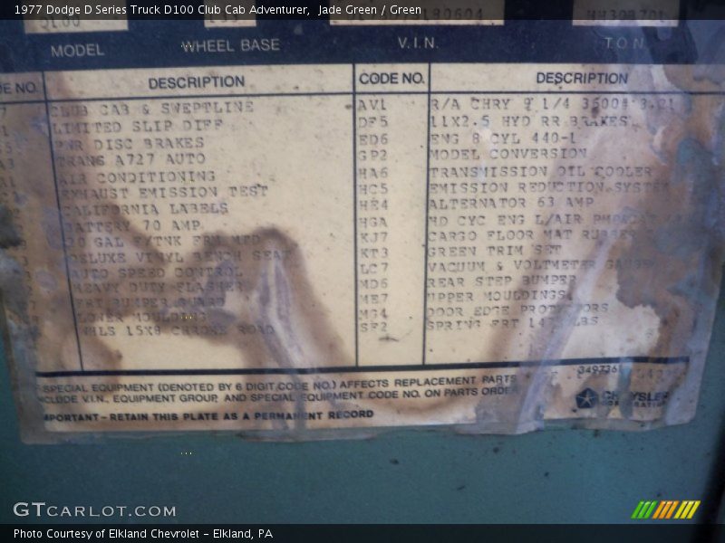Info Tag of 1977 D Series Truck D100 Club Cab Adventurer