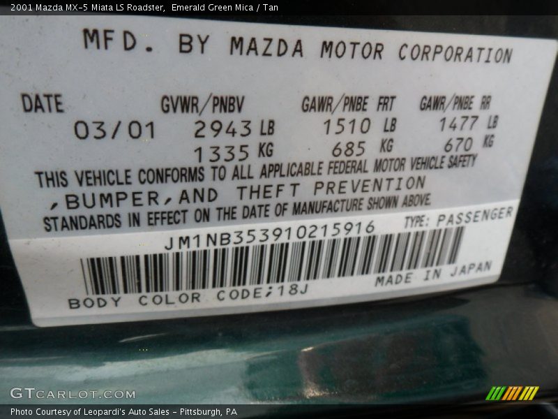 Emerald Green Mica / Tan 2001 Mazda MX-5 Miata LS Roadster