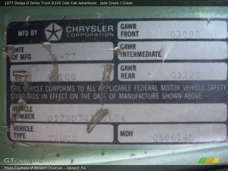 Info Tag of 1977 D Series Truck D100 Club Cab Adventurer