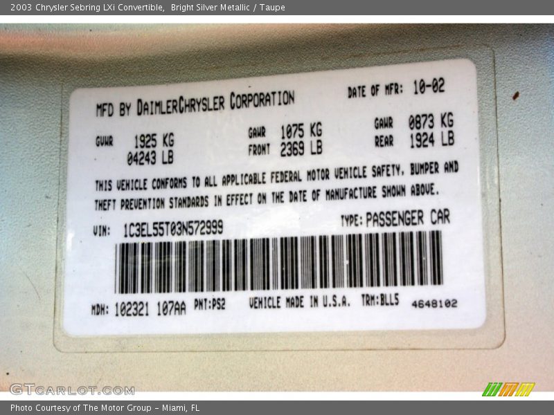 Bright Silver Metallic / Taupe 2003 Chrysler Sebring LXi Convertible