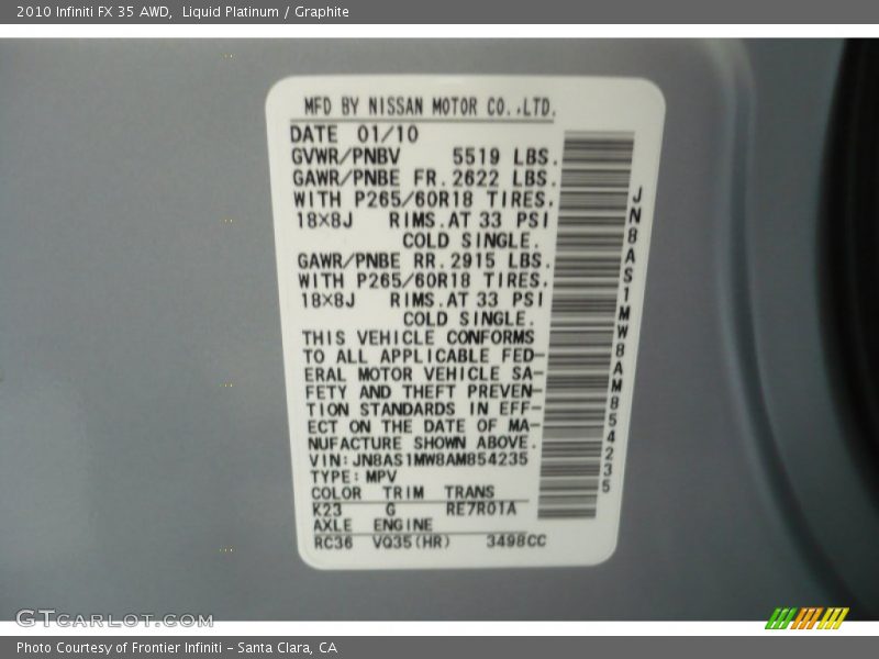 Liquid Platinum / Graphite 2010 Infiniti FX 35 AWD