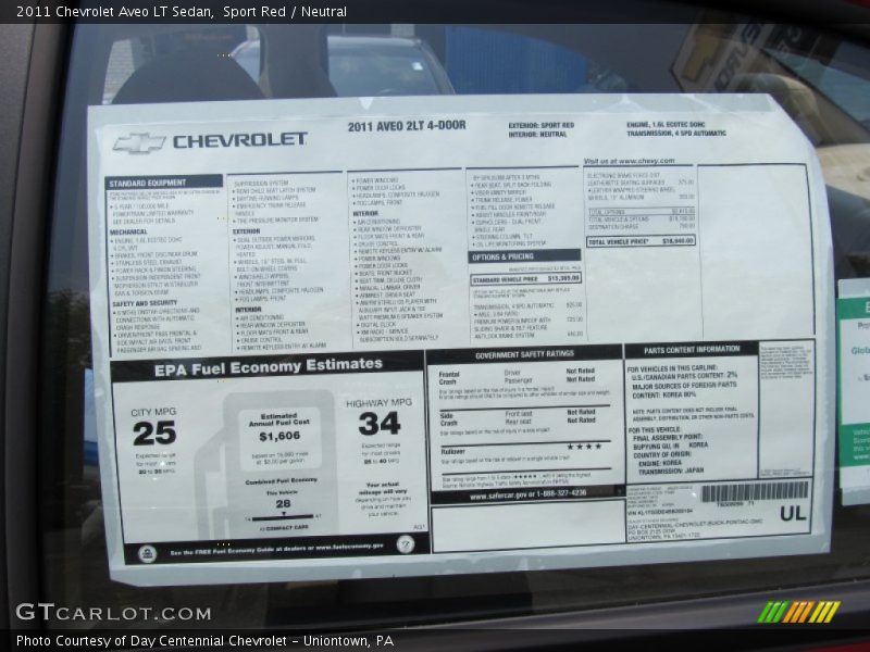  2011 Aveo LT Sedan Window Sticker
