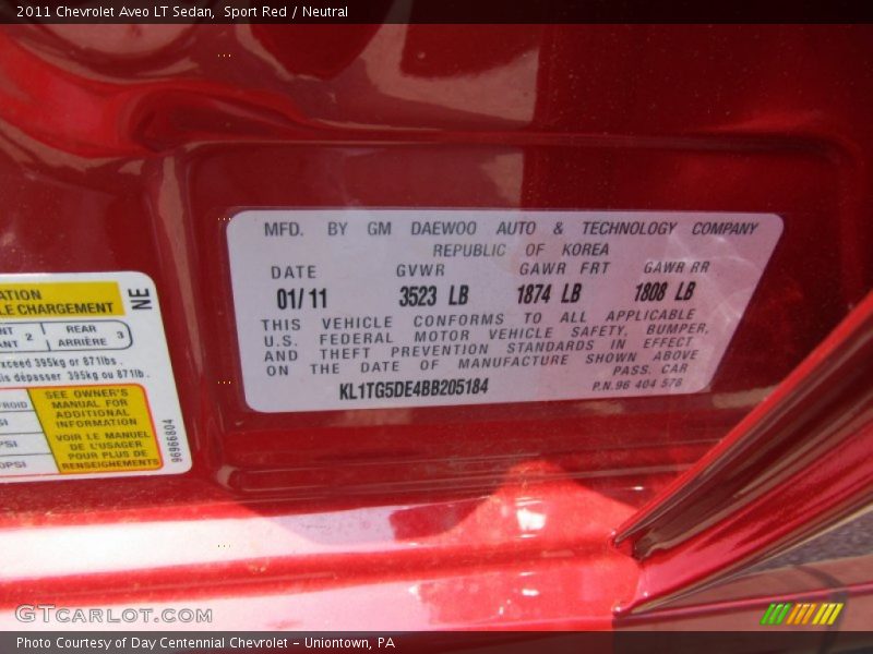 Info Tag of 2011 Aveo LT Sedan