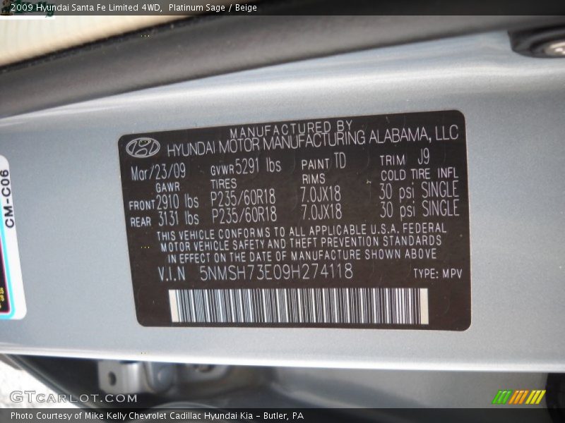 Platinum Sage / Beige 2009 Hyundai Santa Fe Limited 4WD